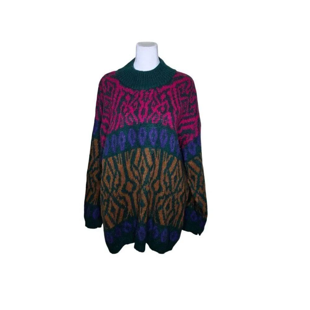 Benetton Vintage 80s Pullover Mohair Sweater Womens Size XL Pink Green